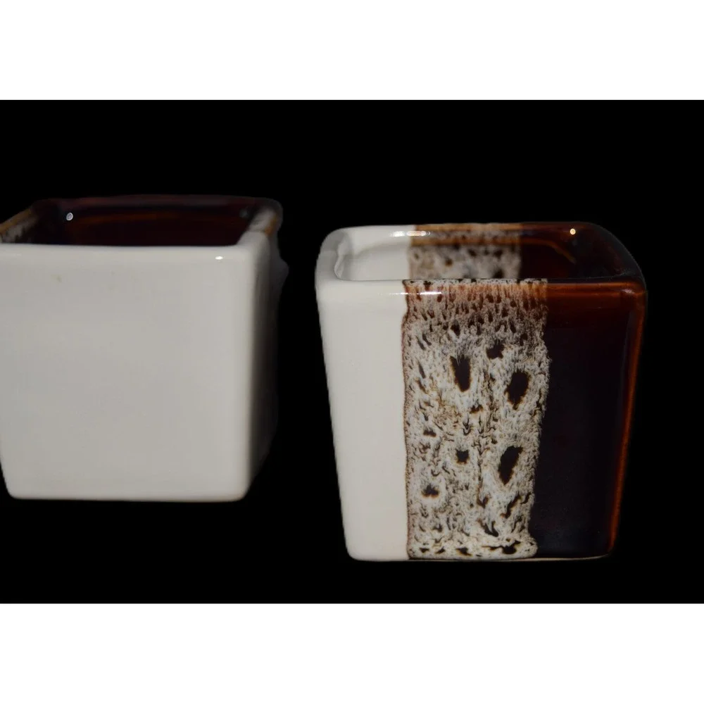 Vintage Pier 1 Tri Color Square Espresso Mugs Set of 2 Brown White Stoneware